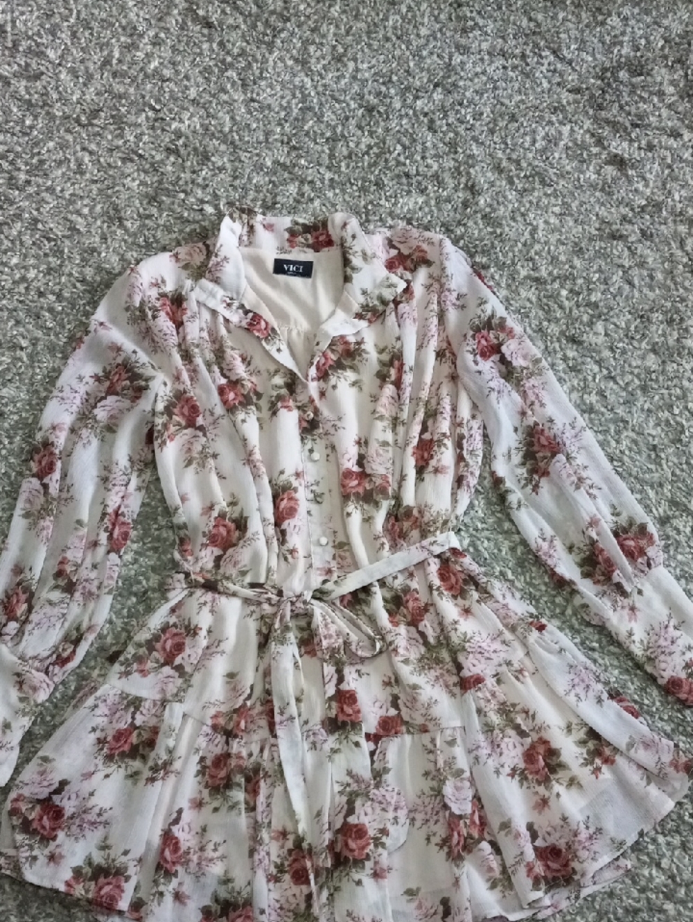 VICI Cream Floral Long-Sleeve Ruffle Tie-Waist Dress with Pink Roses Size M